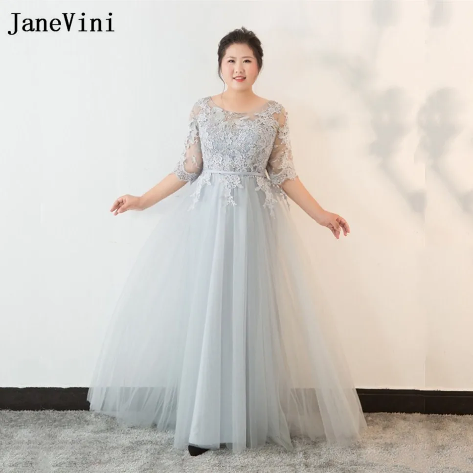 

JaneVini Elegant Plus Size Light Gray Mother of The Bride Dresses 2018 Lace Appliques Floor Length Long Gowns for Women Formal