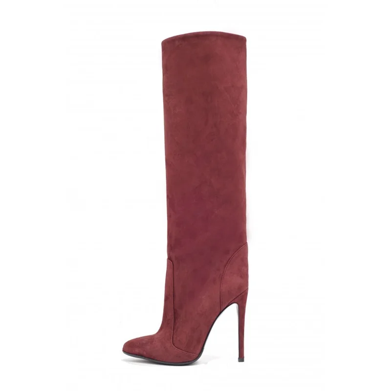 

Gullick Red Wine Suede Pointed Toe Thin High Heel Women Long Boots Gladiator Slip On Over The Knee Stiletto Boots Plus Size 43