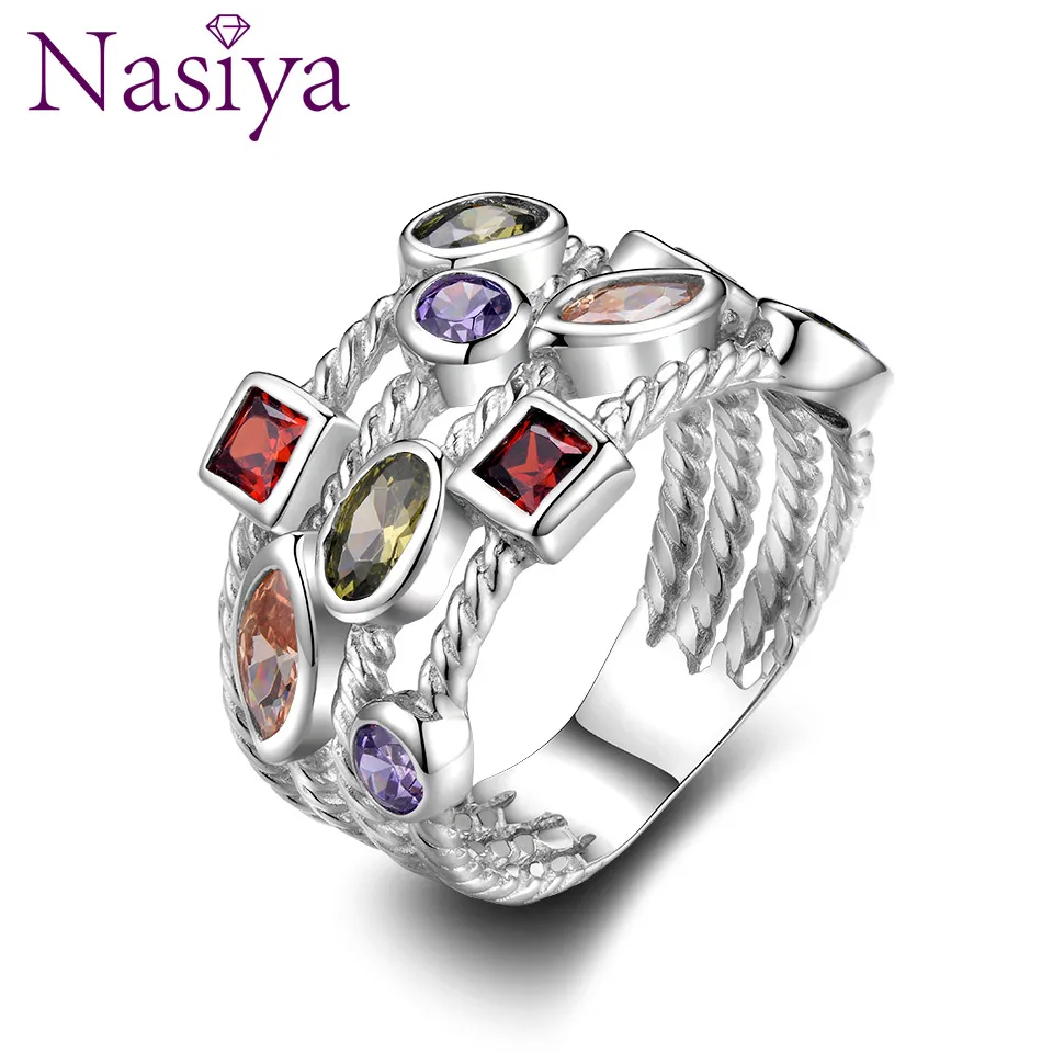 

Nasiya Fashion Colorful Zircon Vintage Rings For Men Women Silver Color Jewelry Anniversary Engagement Party Birthday Gift