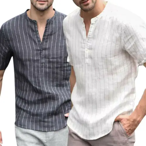 Мужская льняная футболка в полоску летняя повседневная свободная дышащая с v