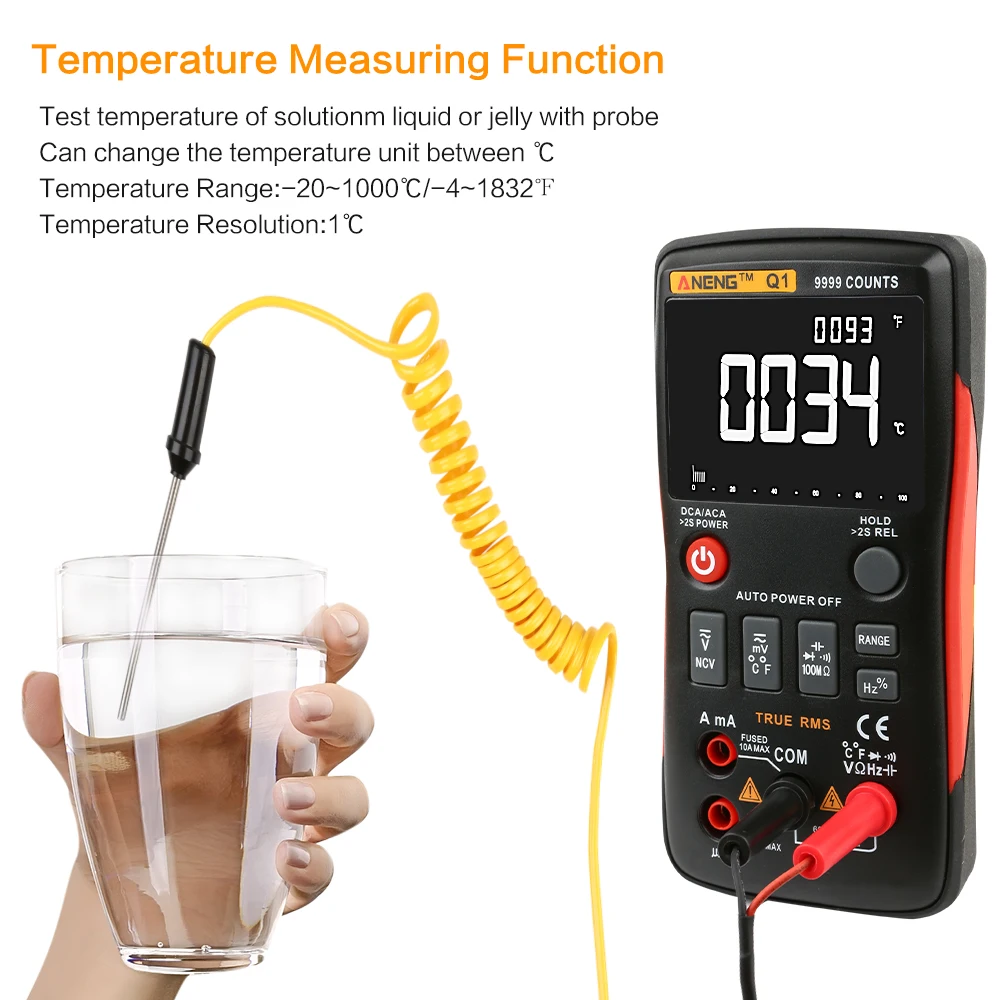 Q1 True-RMS Digital Multimeter Auto Button 9999 Counts With Analog Bar Graph AC/DC Voltage Ammeter Current Ohm Transistor Tester