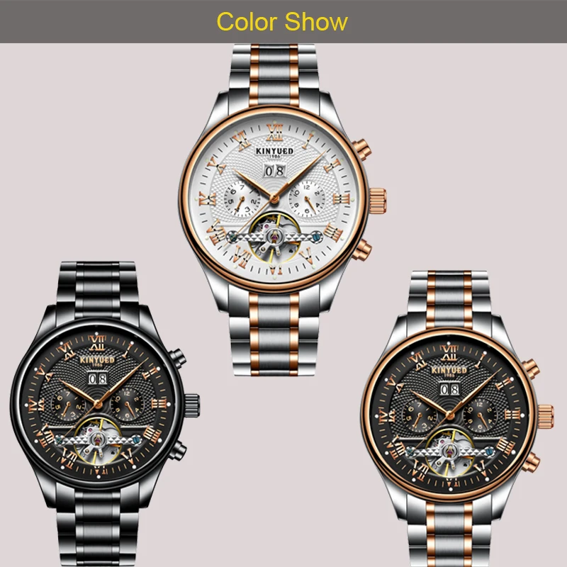 Мужские автоматические механические часы KINYUED черные скелетоны из нержавеющей