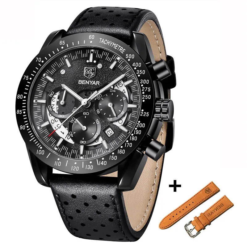 Leather Black White BENYAR Повседневная мода хронограф из нержавеющей стали часы комплект для мужчин высокого качества Бизнес Кварцевые наручные часы для мужчин Relogio Masculino - Цвет: Leather Black White
