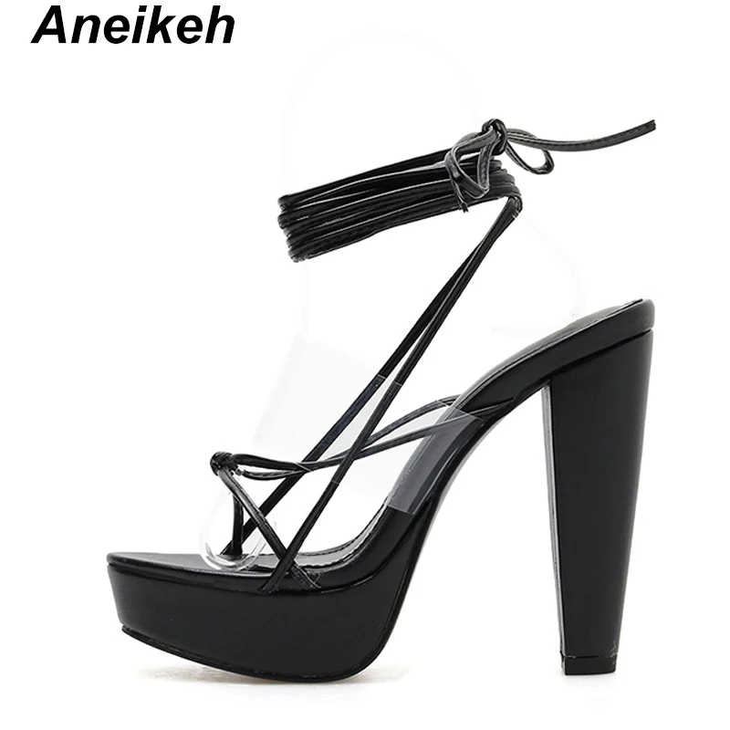 Aneikeh Sexy PVC High Heels Sandals Platform Narrow Band Ankle Strap Chunky Heels Women Pumps Lace Up Summer Dress Sandals Mujer