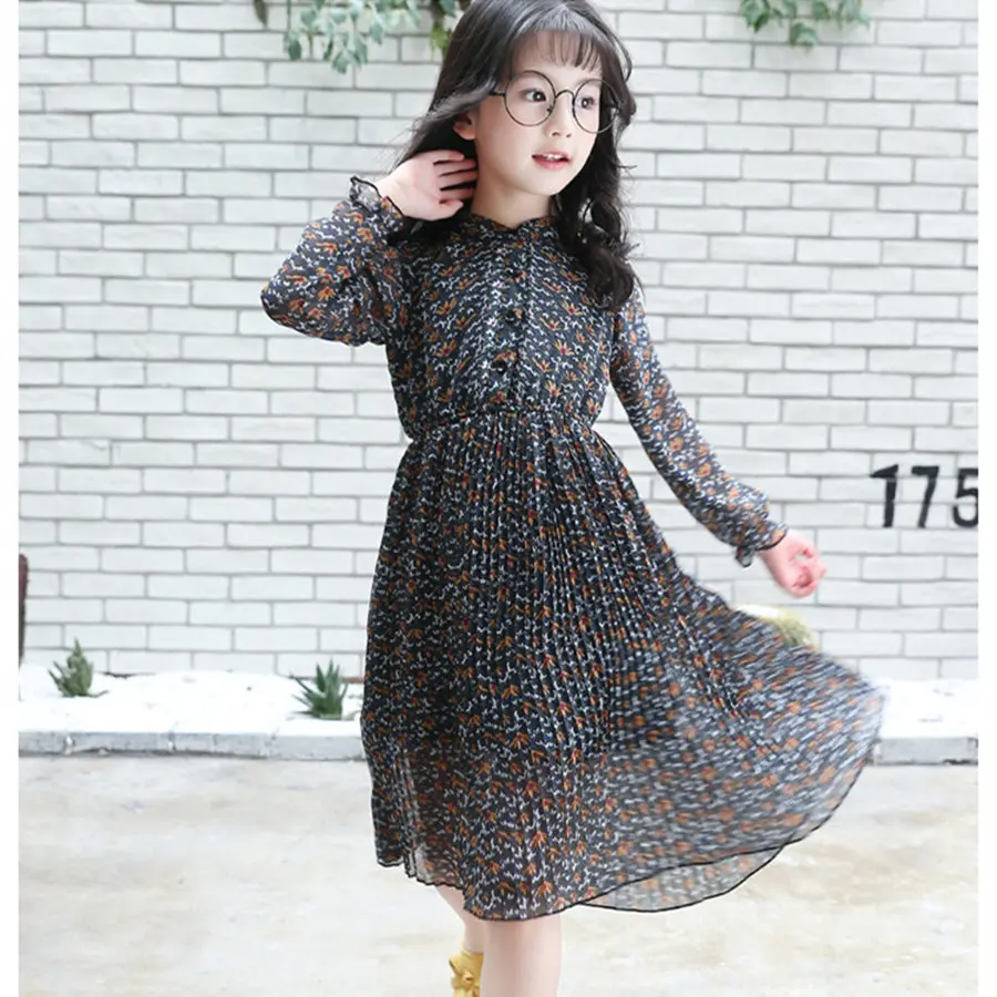 Summer Chiffon Long Sleeve Dress For Girls 8 9 10 11 12 13 14 Age Cute Holiday Dresses Teenage Print Flower Beach Children | Детская
