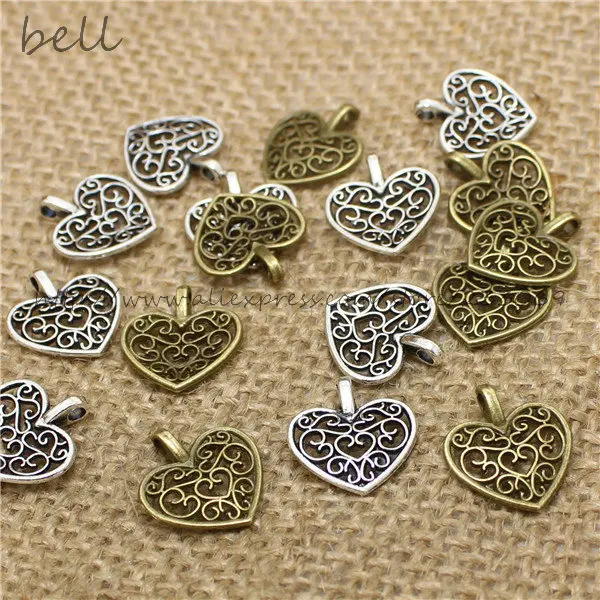 Винтажные шармы подвески в форме сердца 3 цвета 100шт размер 15х16 мм.|heart charm|filigree