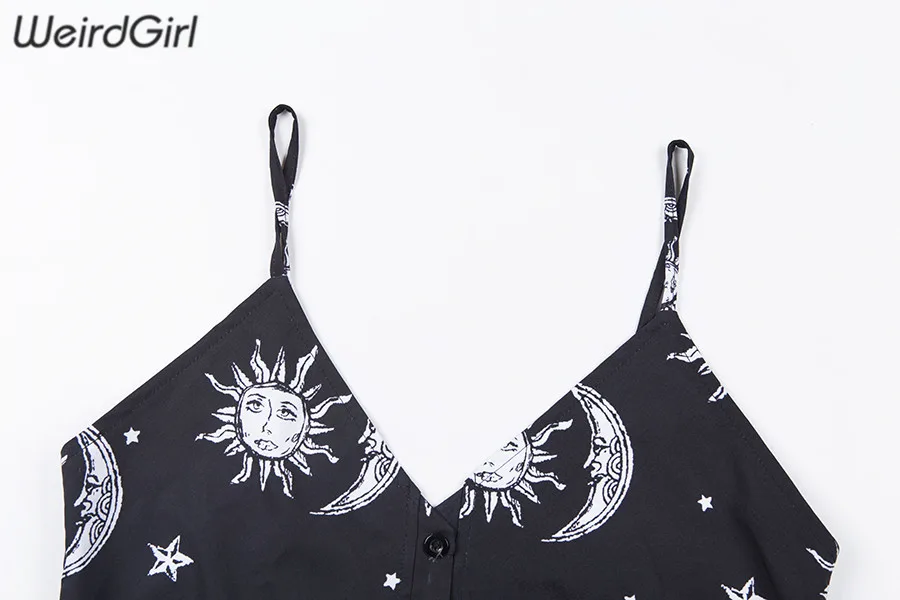 Weirdgirl, женские платья, свободные, v-образный вырез, без рукавов, мини платье, черное, солнце, луна, звезда, принт, элегантное, женское, весна, лето, платье, новинка