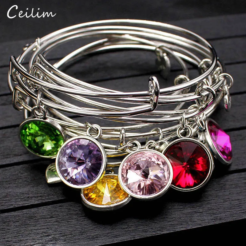 

Fashion Crystal Birthstone Bangle for Women 2022 Silver Color Expandable Wire Bracelets Heart Love Charm Jewelry Birthday Gift