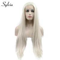 sylvia platinum blonde silky straight synthetic lace front wigs middle parting 180 density half hand tied heat resistant fiber