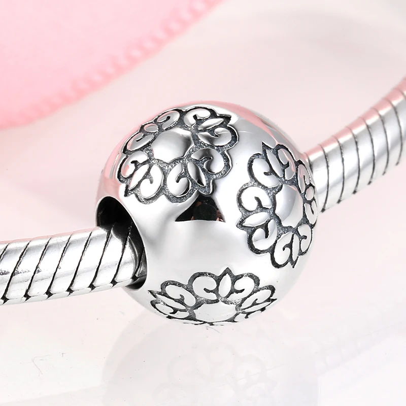 Authentic 925 Sterling Silver Stamp Flowers Round beads Fit Original Pandora Bracelet Jewelry making Mother's Day gift