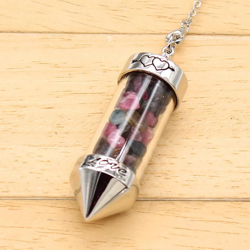 

100-Unique Silver Plated Love Wish Bottle Tourmaline Pendant with Stone Beads Chain Statement Jewelry