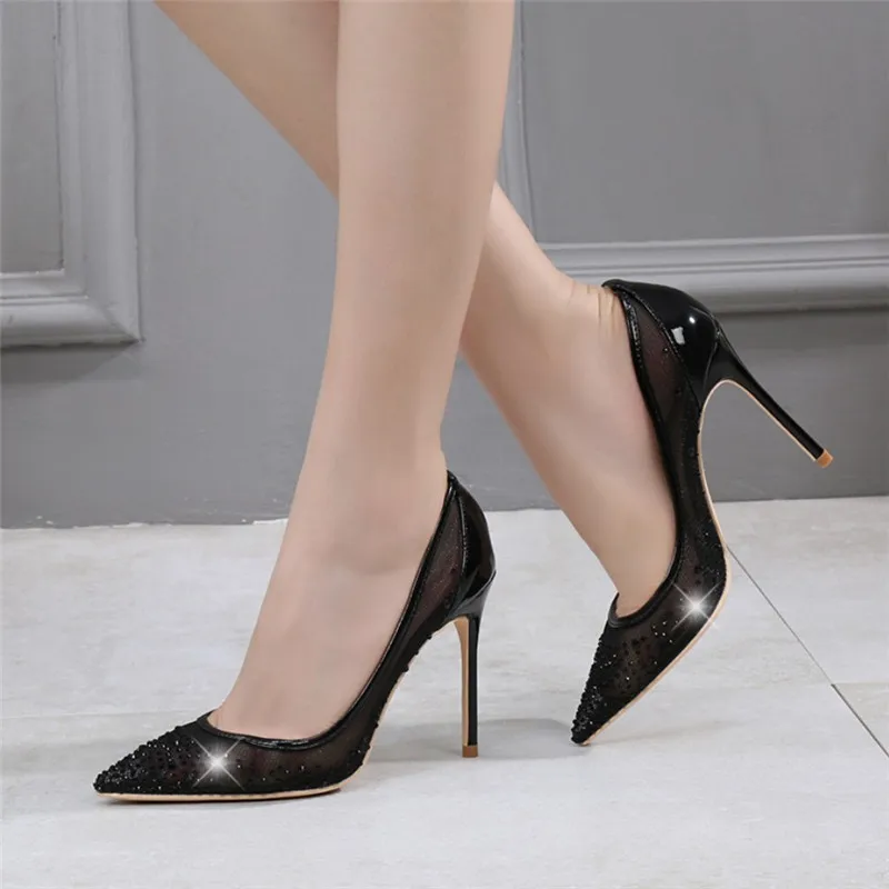 

Free shipping fashion women Pumps lady black mesh lace crystal Pointy toe high heels shoes size33-43 10cm 8cm Stiletto bride