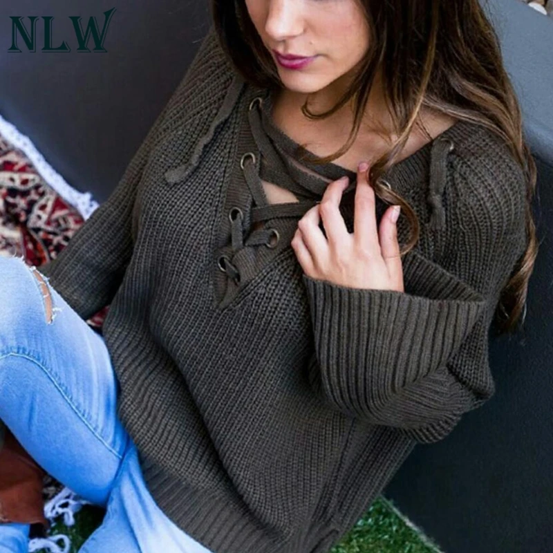 NLW Casual Knit Winter Women Sweater Lace Up High Street Sexy Sweate Pullovers Long Sleeve Solid White | Женская одежда