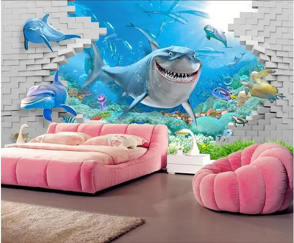 

3d photo wallpaper custom mural undersea world 3 d sharks broken wall background 3d wall murals wallpaper for living room