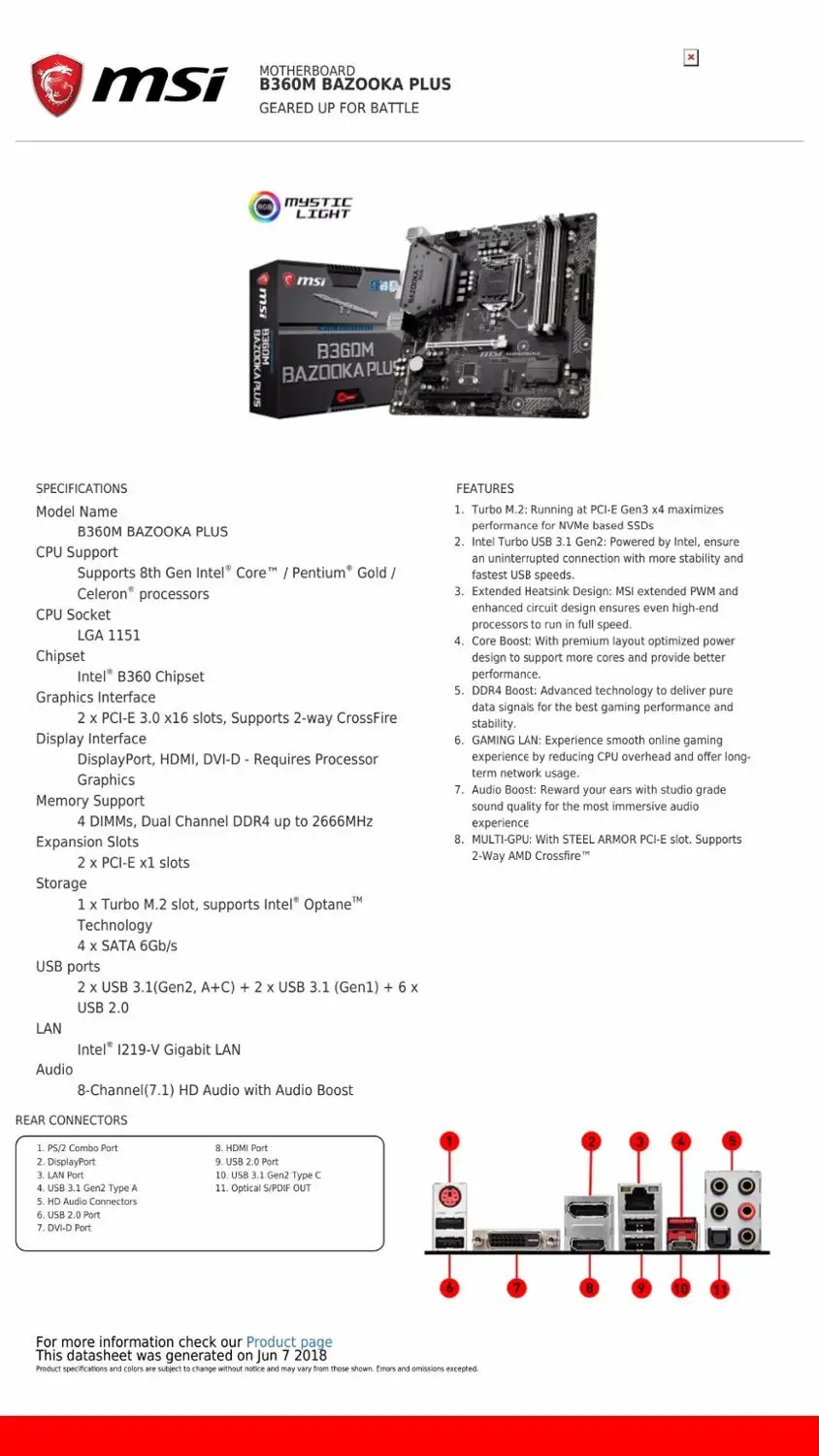 Материнская плата msi B360M BAZOOKA PLUS материнская + процессор Intel Core i5 9400F|Материнские