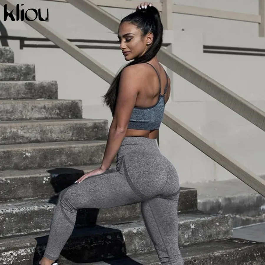 Kliou Новые женские модные длинные облегающие эластичные однотонные спортивные леггинсы штаны с полосками на высокой талии
