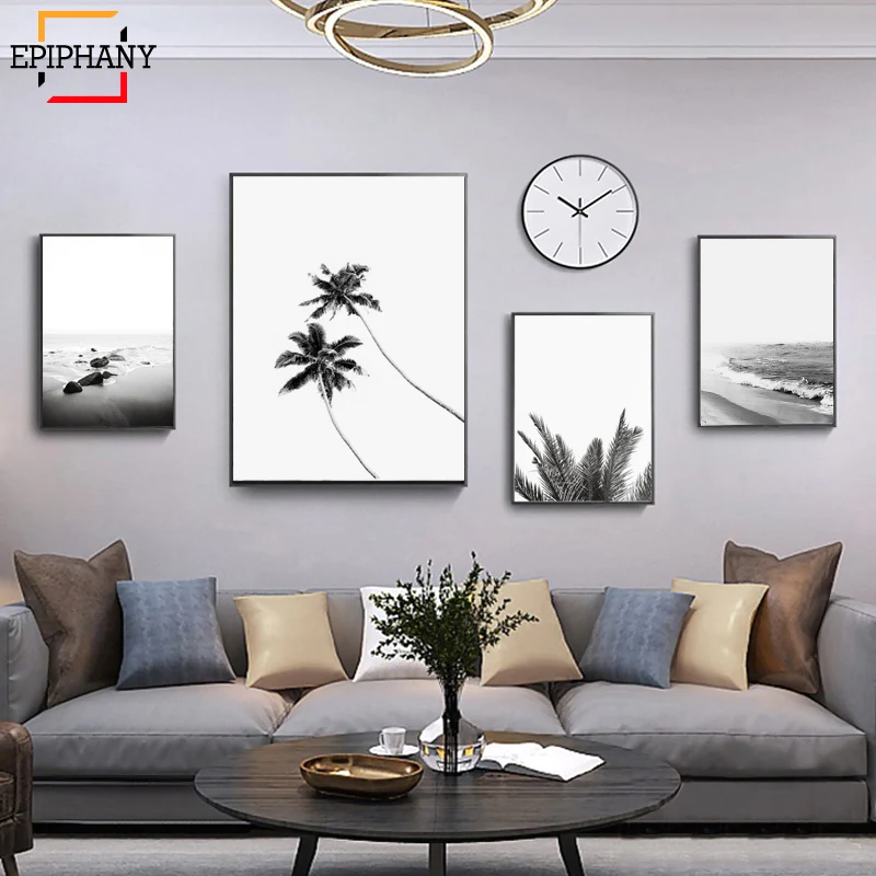 

Modern Beach Wall Art Black and White Canvas Painting Ocean Print Palm Tree Picture Coastal Decor Tropical Posters and Prints