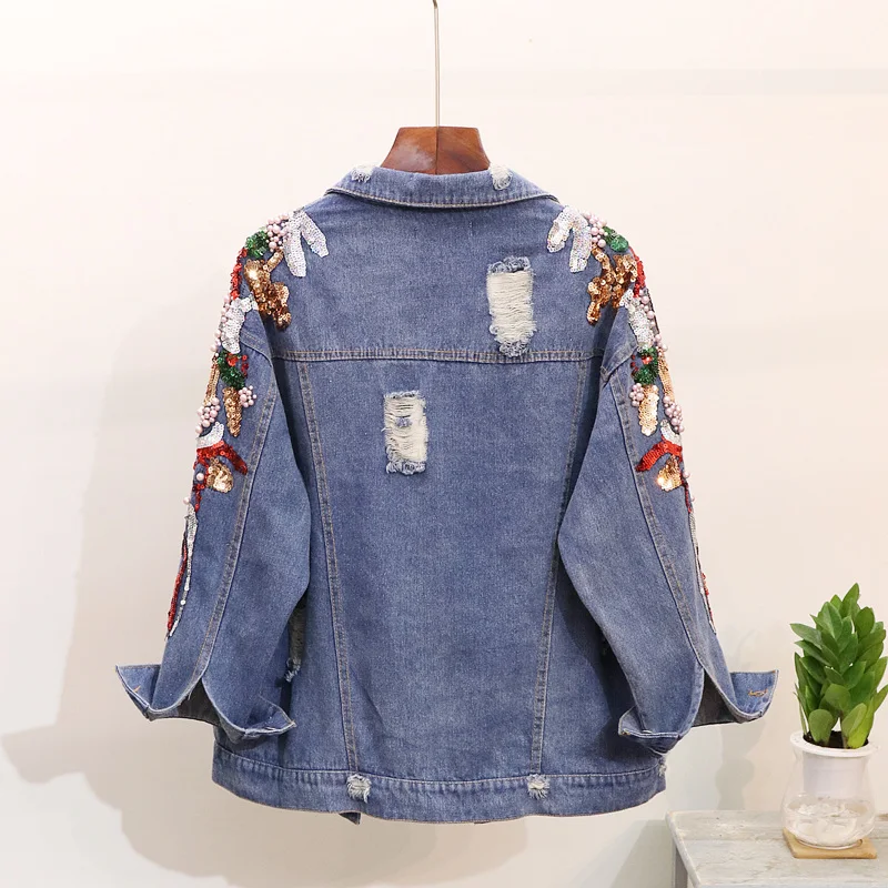 Harajuku новая джинсовая куртка Женская мода вышивка с длинным рукавом Куртка