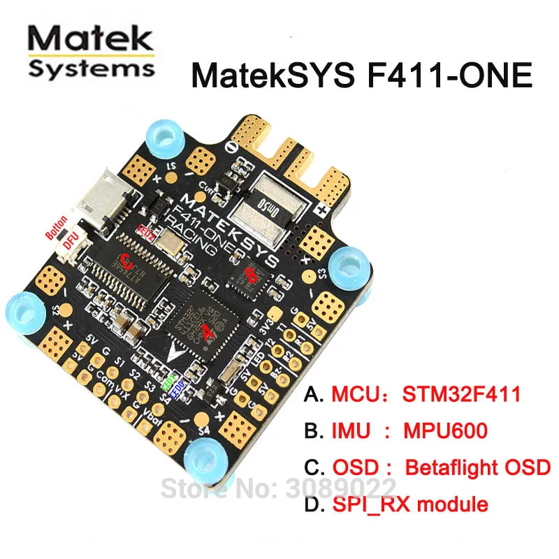 Контроллер полета Matek Systems F411-ONE характеристики STM32F411 BFOSD SPI Receiver(Frsky_X) датчик тока в