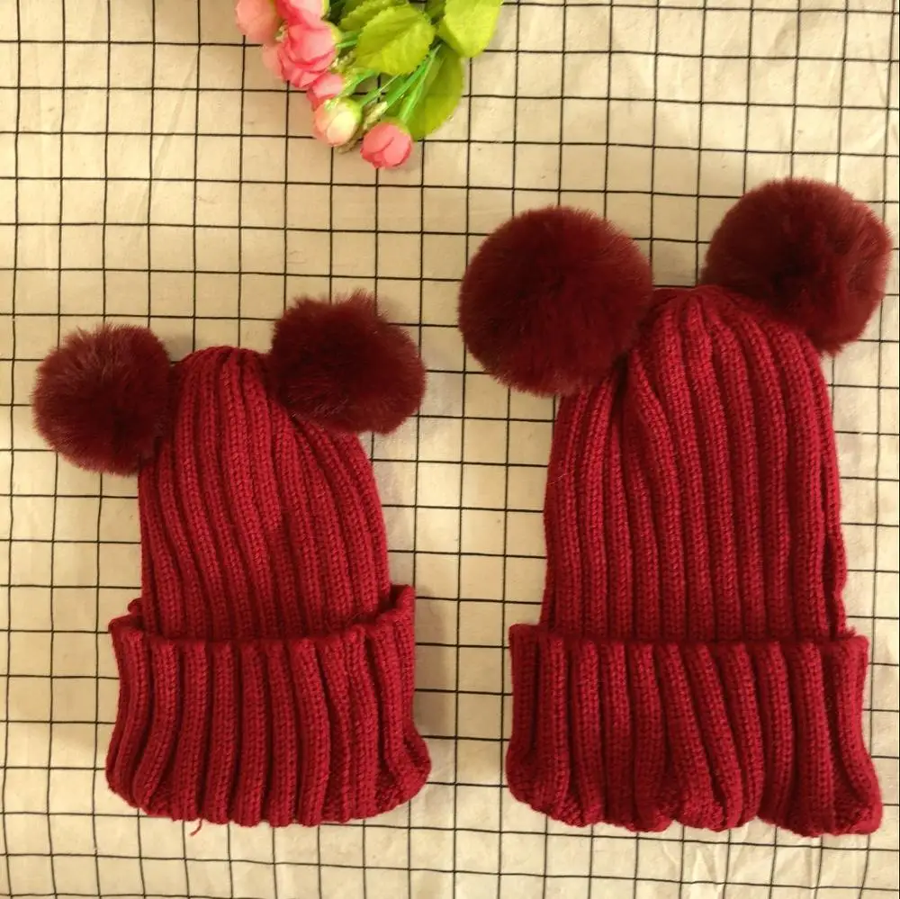 Модные вязаные шапки для родителей и детей Beanies Милая зимняя шапка с помпоном