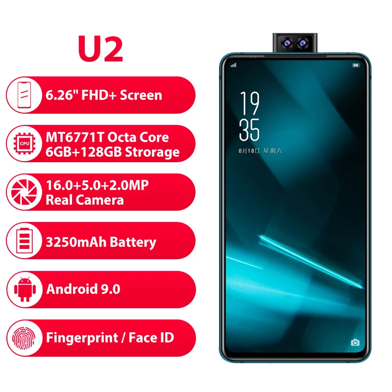 Elephone U2 16MP всплывающая камера 6 ГБ+ 128G мобильный телефон 6,2" FHD+ экран Android 9,0 MT6771T Octa CoreFace ID 4G LTE смартфон