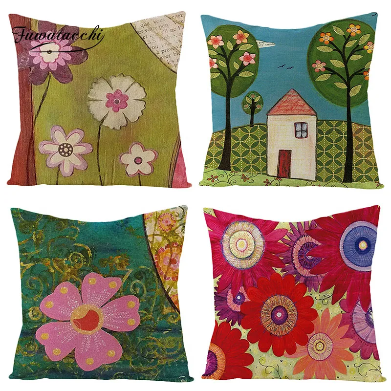 

Fuwatacchi Pink Sunflower Linen Cushion Cover Colorful Flowers Throw Pillow Cover Nature Views Square 45X45 Pillowcases