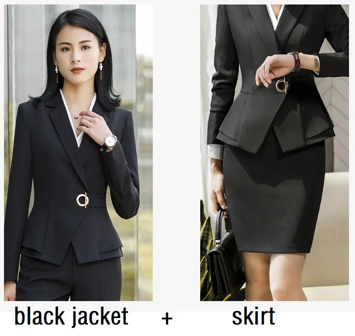 black jacket skirt Женские костюмы, приталенная весенняя куртка с оборками и длинными рукавами, штаны, комплект из 2 предметов, OL, Деловые женские брючные костюмы, женский комплект, костюмы 1882 - Цвет: black jacket skirt