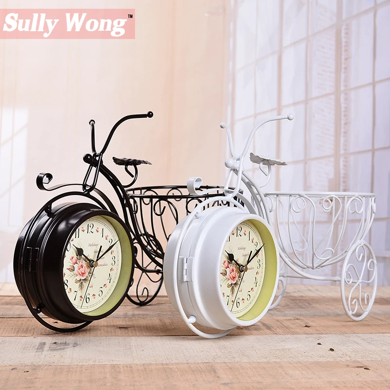 Sullywong Бесплатная Доставка Винтаж Утюг велосипед с корзиной настольные часы Тихая