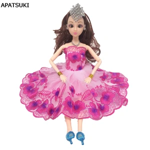 Розовый танцевальный костюм с цветами цельное платье кружевные платья для куклы Барби 16 модная одежда для 16 BJD куклы Детская игрушка