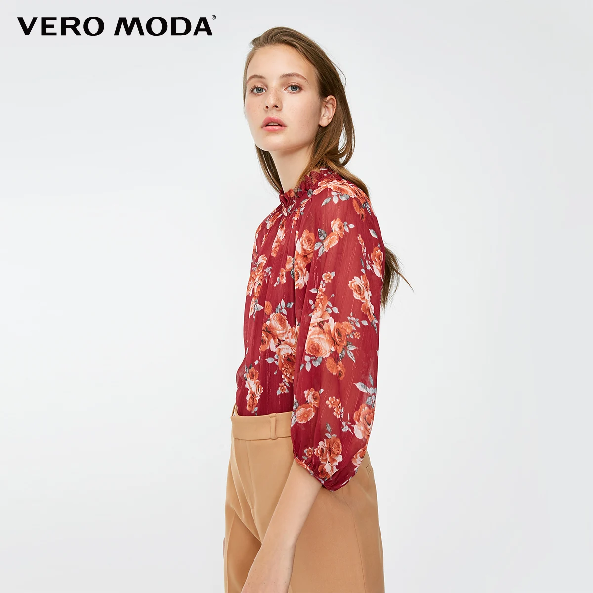Vino Vero Moda Новая женская печатная ткань v-образным вырезом 3/4 рукава шифоновая блузка, Топ | 318458502 - Цвет: Vino
