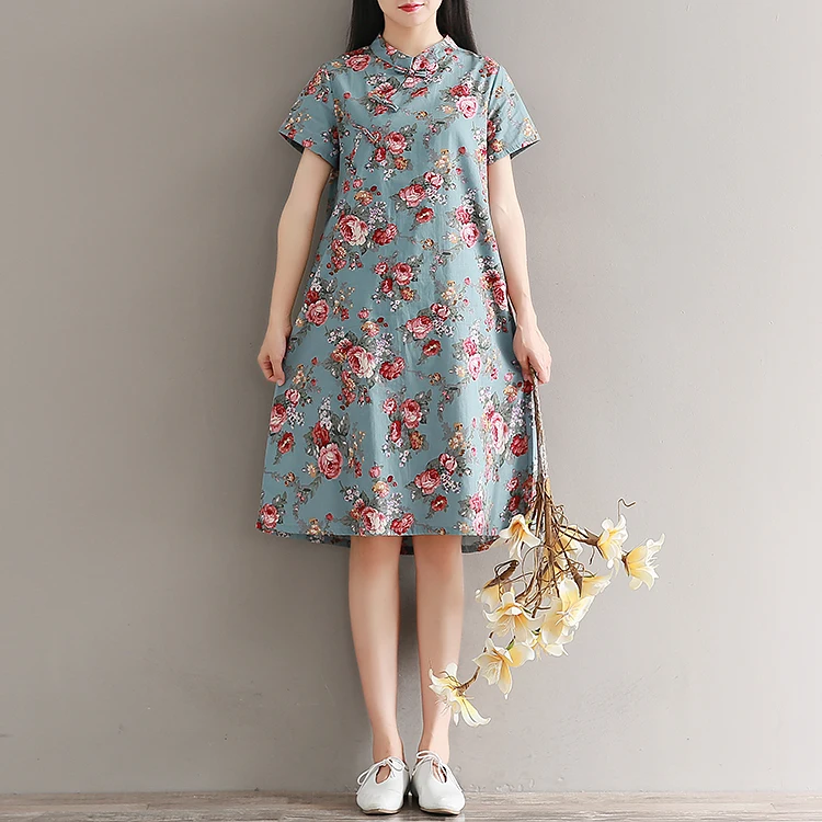 Женское винтажное платье из хлопка и льна повседневное свободное с цветочным