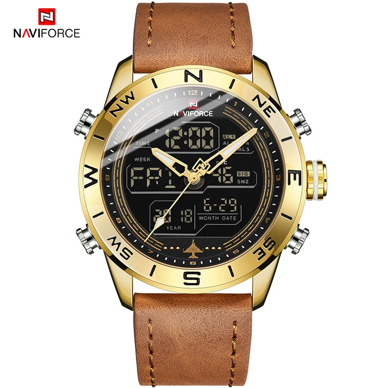 Gold NAVIFORCE 9144 модные золотые мужские спортивные часы мужские s светодиодный аналоговые цифровые часы армейские военные кожаные кварцевые часы Relogio Masculino - Цвет: Gold