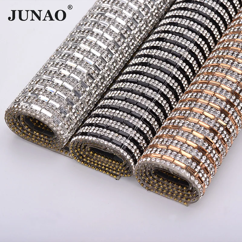 JUNAO 24*40cm Clear Black Hotfix Glass Rhinestone Mesh Trim Crystal Fabric Sheet Strass Ribbon Clothes Applique Jewelry Crafts