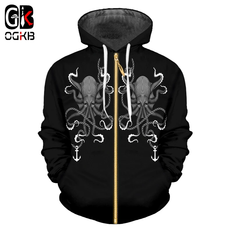 OGKB новая толстовка с капюшоном на молнии для мужчин/женщин 3d принтом осьминога