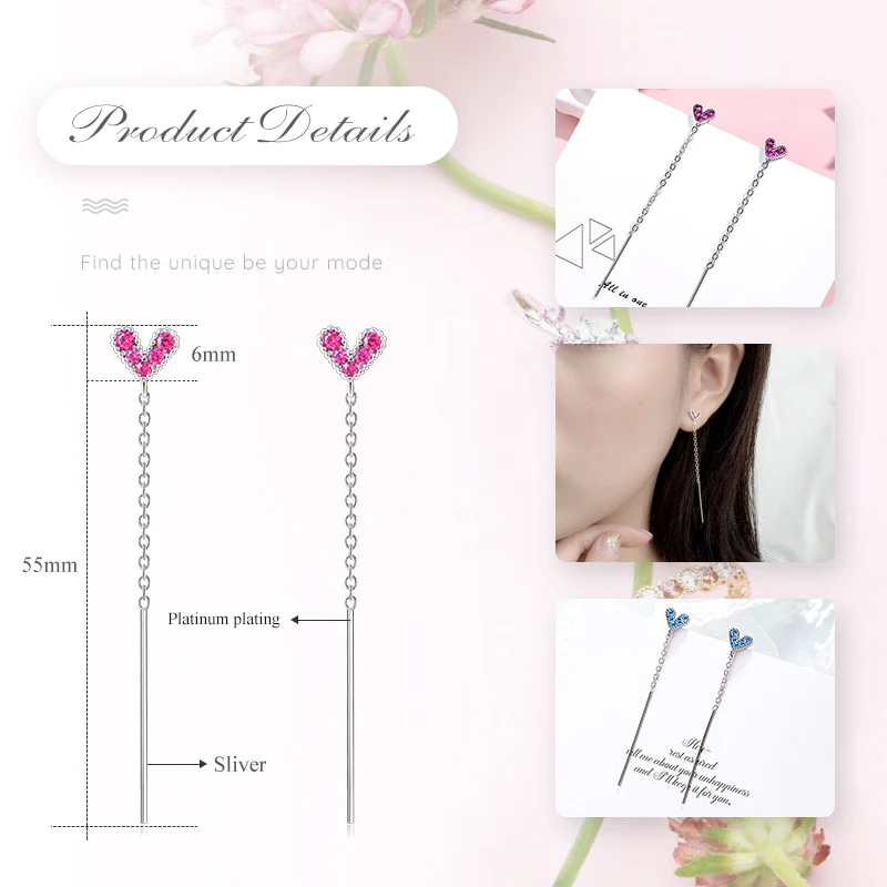 UMODE Real 925 Sterling Silver Drop Earrings for Women Fashion Tiny Heart Long Chain Dangle Earring Silver Jewelry LE0619