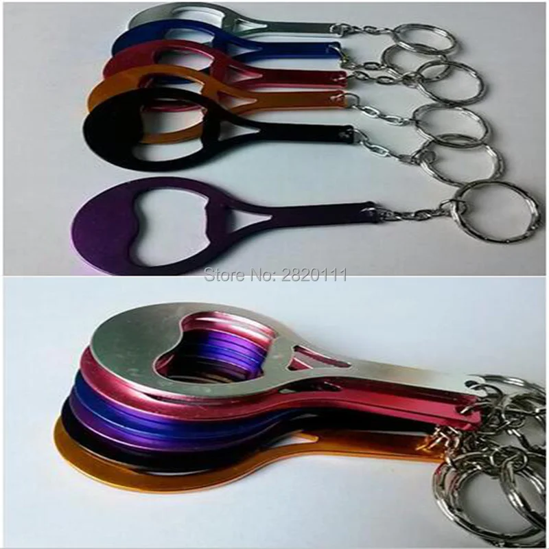 Wholesale-12Pcs Racket Bottle Opener Keychain Aluminum Alloy Beer Open Promotion Keyring Gift Customize Logo-Free Shipping |