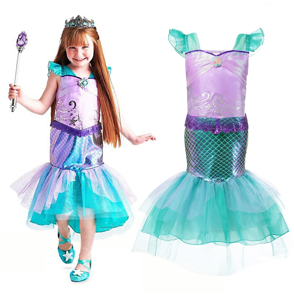 Disney Mermaid Girl Little Princess Arier Dress Cosplay Costume Children Halloween Clothes  Fancy Dress for Girls Party Prom