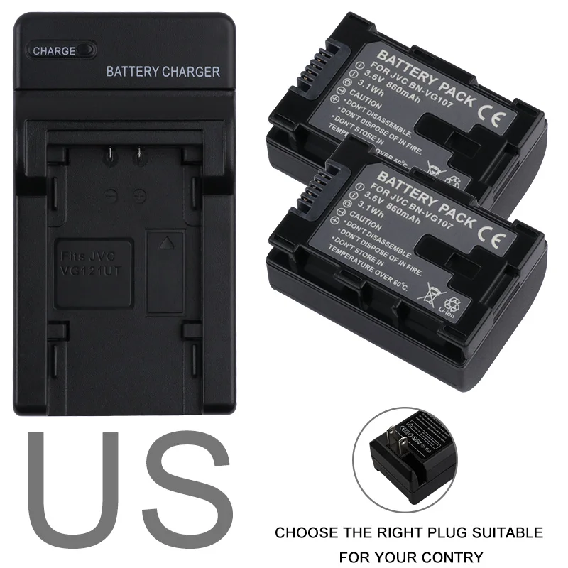 US Комплект из 2 предметов 860 мА/ч, BN-VG107 BN VG138 BN VG114 VG121 Батарея для JVC GZ E10 E100 E245 E265 E565 E575 GX1 G3X G5 GX8 EX210 - Цвет: US