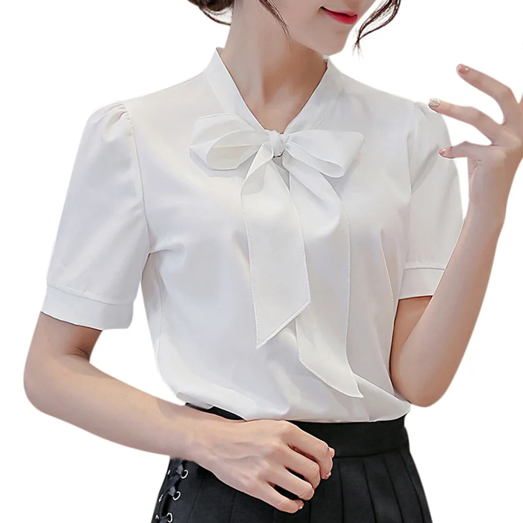 Новые шифоновые блузки для женщин летняя офисная однотонная блузка с коротким