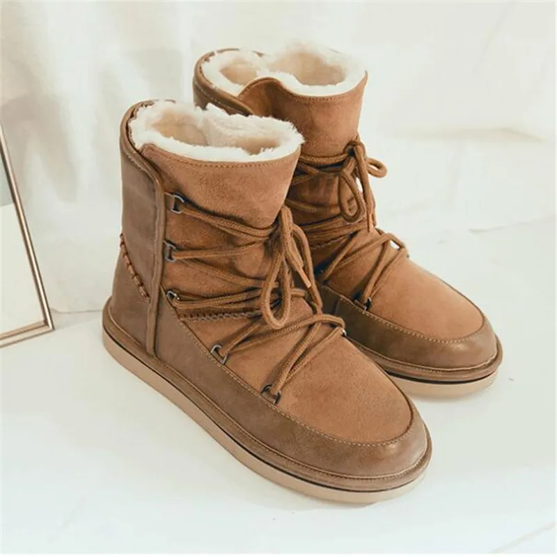 2018 winter new snow boots fashion mid-calf lace-up plush platform shoes women genuine leather Warm Women Обувь