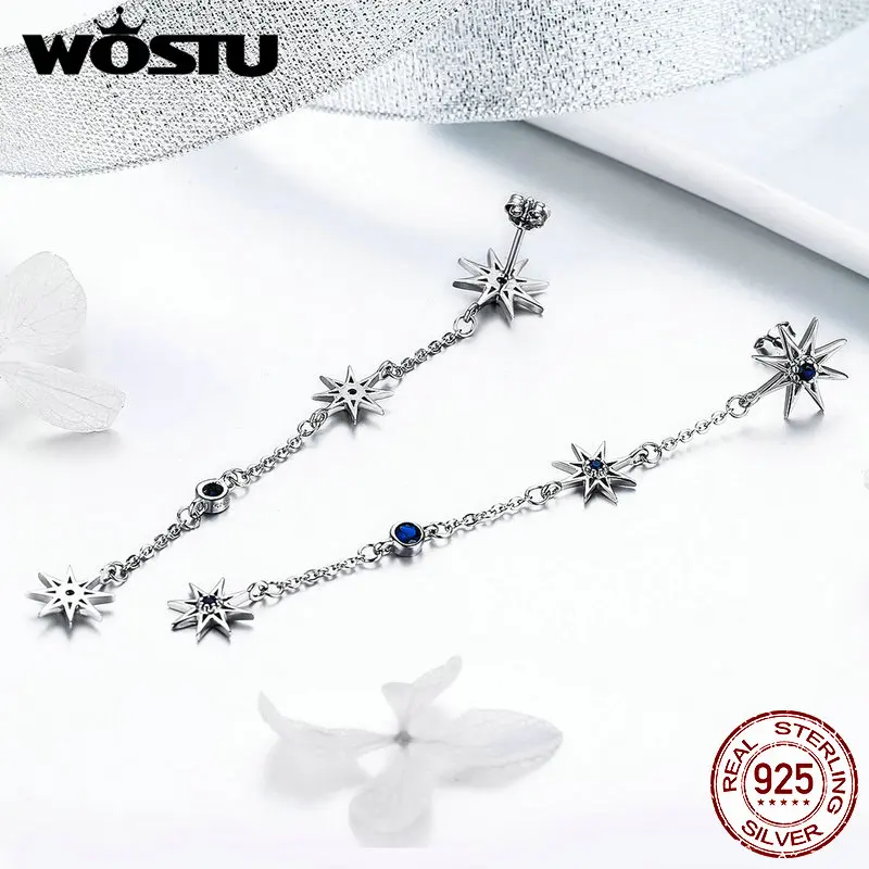 WOSTU длинные серьги с сияющими звездами, 925 пробы, серебро, ослепительно голубой циркон, висячие серьги для женщин, вечерние ювелирные изделия FNE060