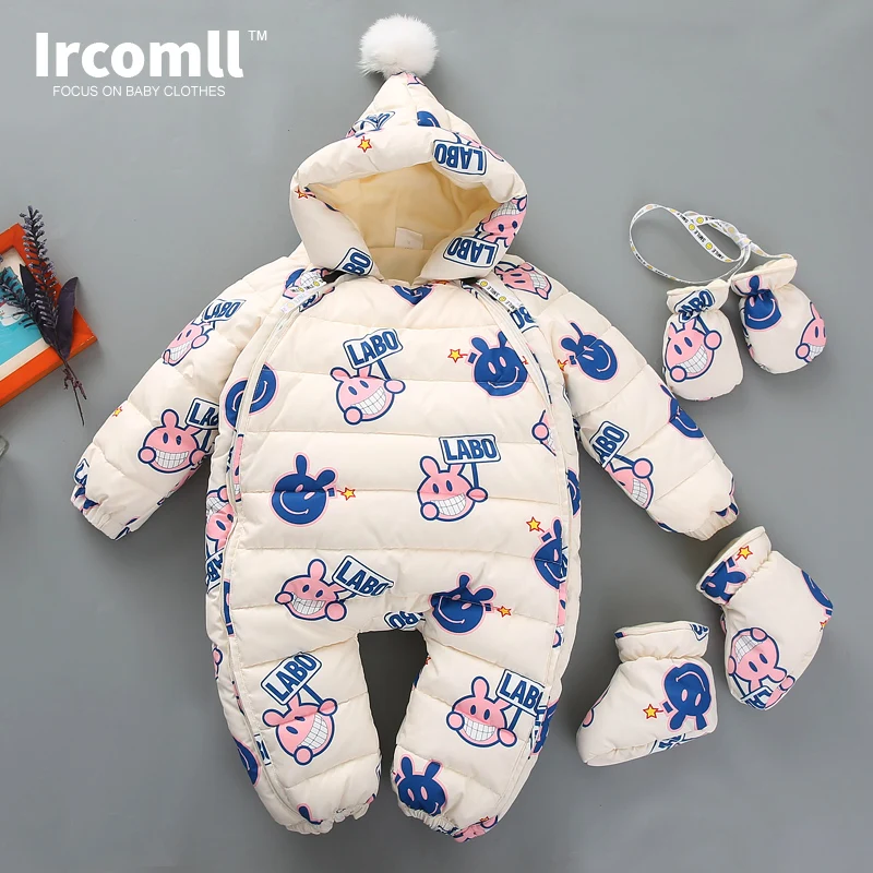 

Ircomll Newest Winter Rompers Graffiti Rabbit Hooded Thick Fleece Lining Baby Jumpsuit Children Down Cotton toddler Clothing