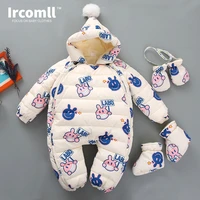 ircomll newest winter rompers graffiti rabbit hooded thick fleece lining baby jumpsuit children down cotton toddler clothing
