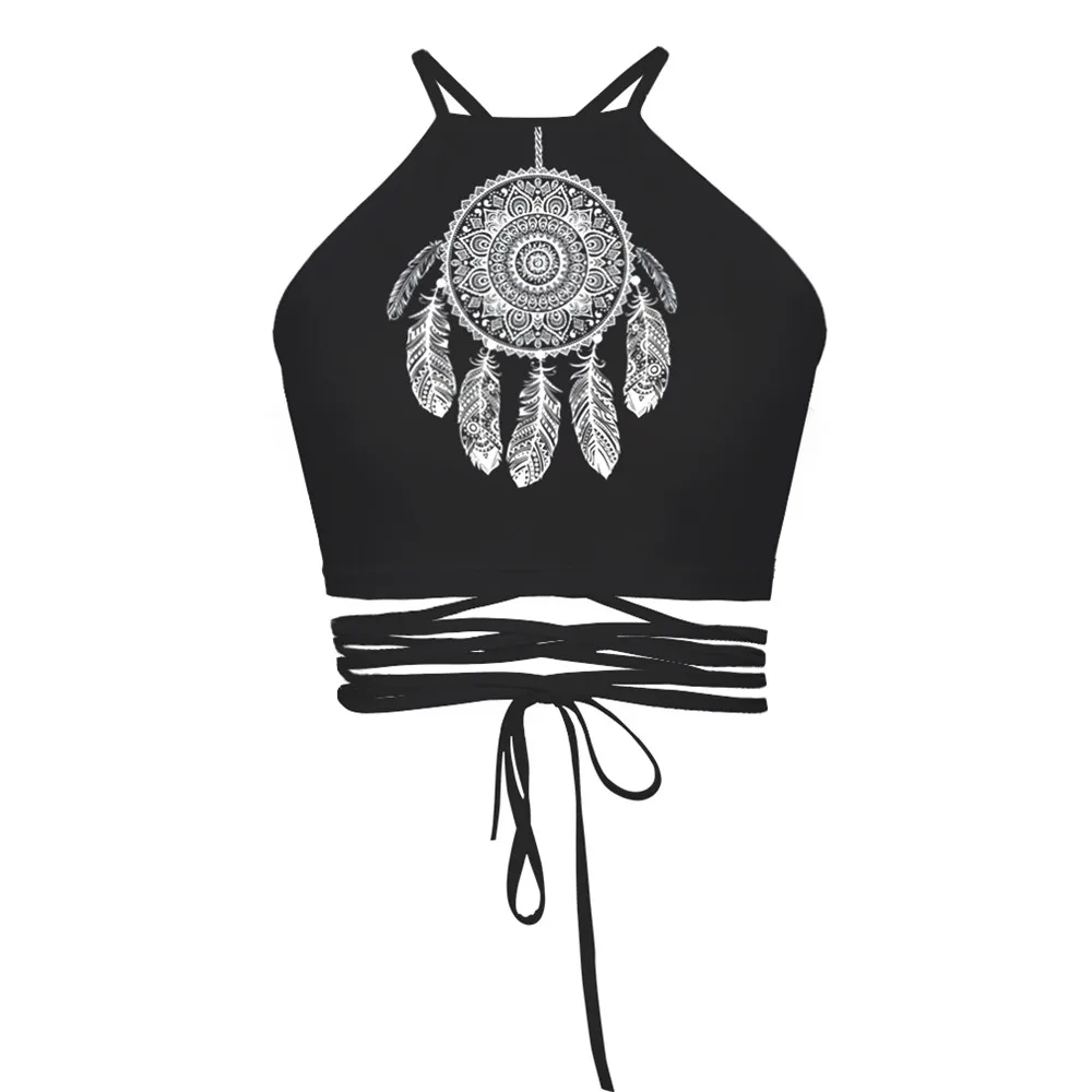 2019 summer women's funny print rose flowers ladies sexy casual strappy halter bandage midriff crop camis tops for girls sun-top | Женская