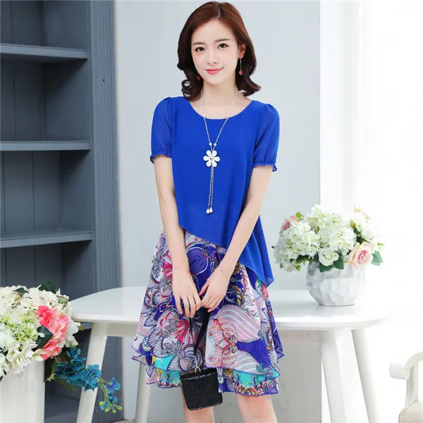 DZ0715blue 5XL летнее женское шифоновое платье, женское платье с коротким рукавом и цветочным принтом, повседневный комплект из двух предметов, свободный сарафан размера плюс - Цвет: DZ0715blue