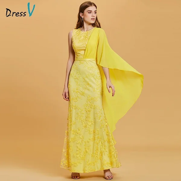 Dressv daffodil длинное недорогое вечернее платье из кружева, с вырезом на шее аппликации оболочка свадебное вечернее платье es - Цвет: Daffodil