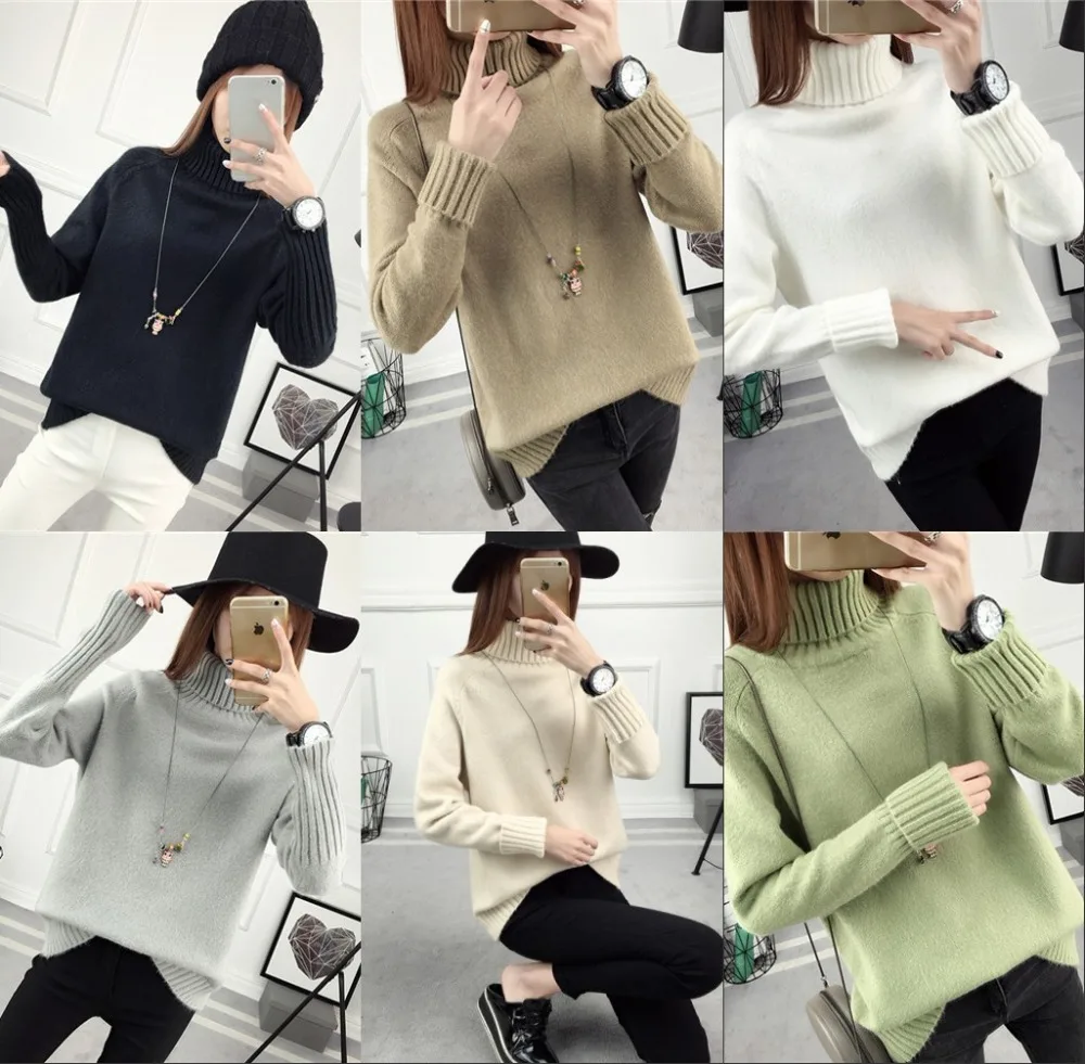 Wholesale Women Turtleneck Sweaters Autumn Winter 4 styles 2019 High Neck Loose Pullovers Thicken Knitted Warm Sweater | Женская одежда