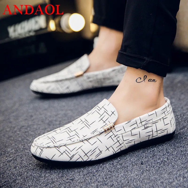 ANDAOL Men's Canvas Casual Shoes Top Quality Soft Moccasins Striped Driving Loafers Luxury Fashion Slip-On Business Office shoes | Обувь