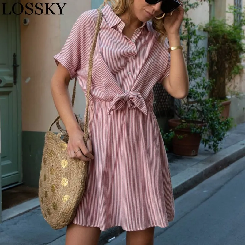 

LOSSKY Lapel OL Office Lady Summer Mini Dress Striped Casual Short Bow Tie Button Decor Tunic Short Shirt Dress Female Dresses