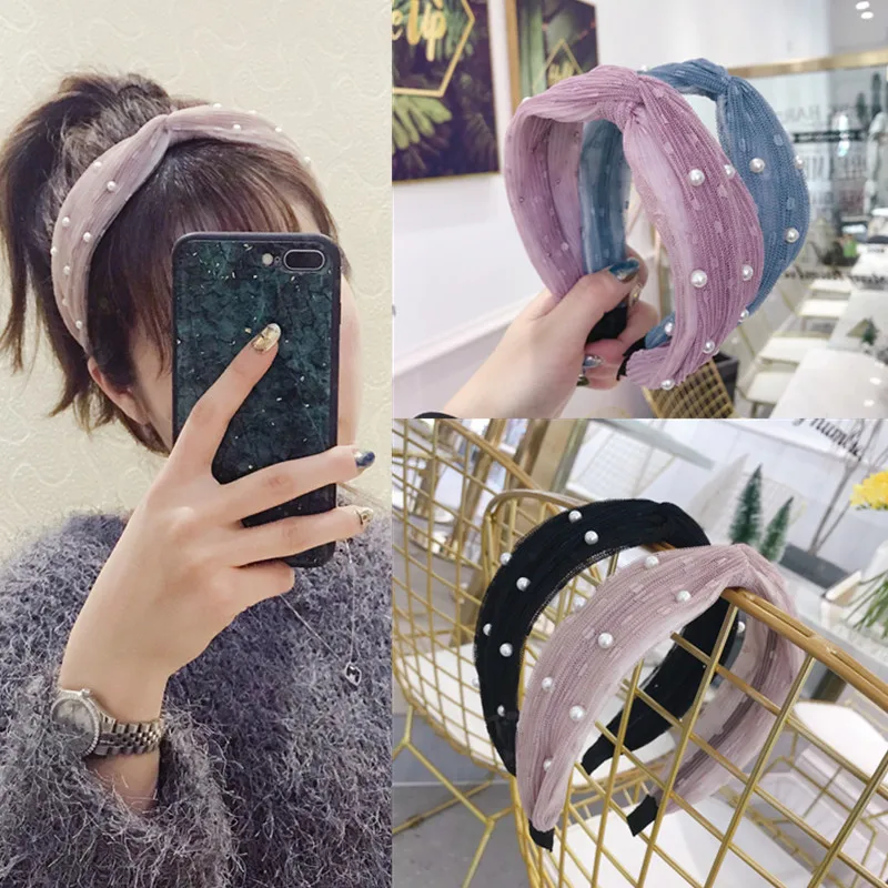 2019 Жемчужная Повязка на голову однотонная шифоновая завязанная лента для волос